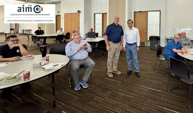 Attendees at the AIM Utah CIO and CISO roundtable, with Sumit Parashar standing during the quantum computing, PQC, and Zero Day Quantum Readiness event.