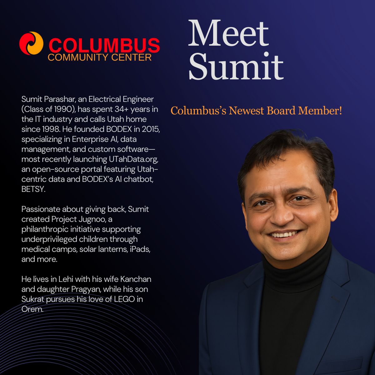 Columbus Community Center graphic introducing Sumit Parashar as Columbus's newest board member.