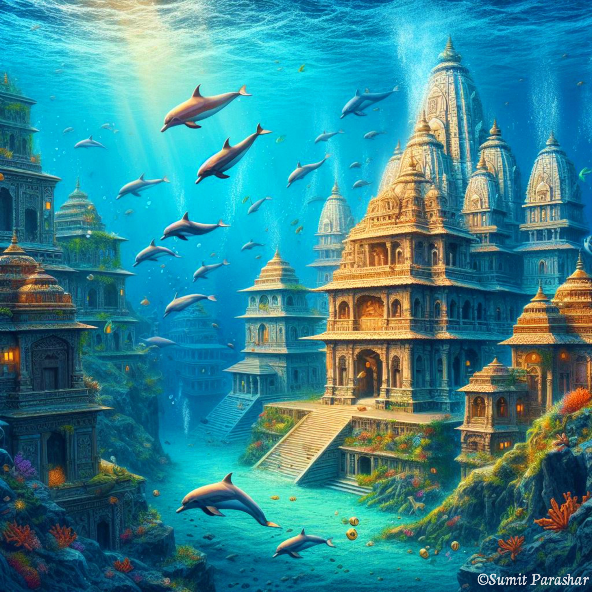 The Majestic Dwarka Gujrat Temple digital artwork by Sumit Parashar.