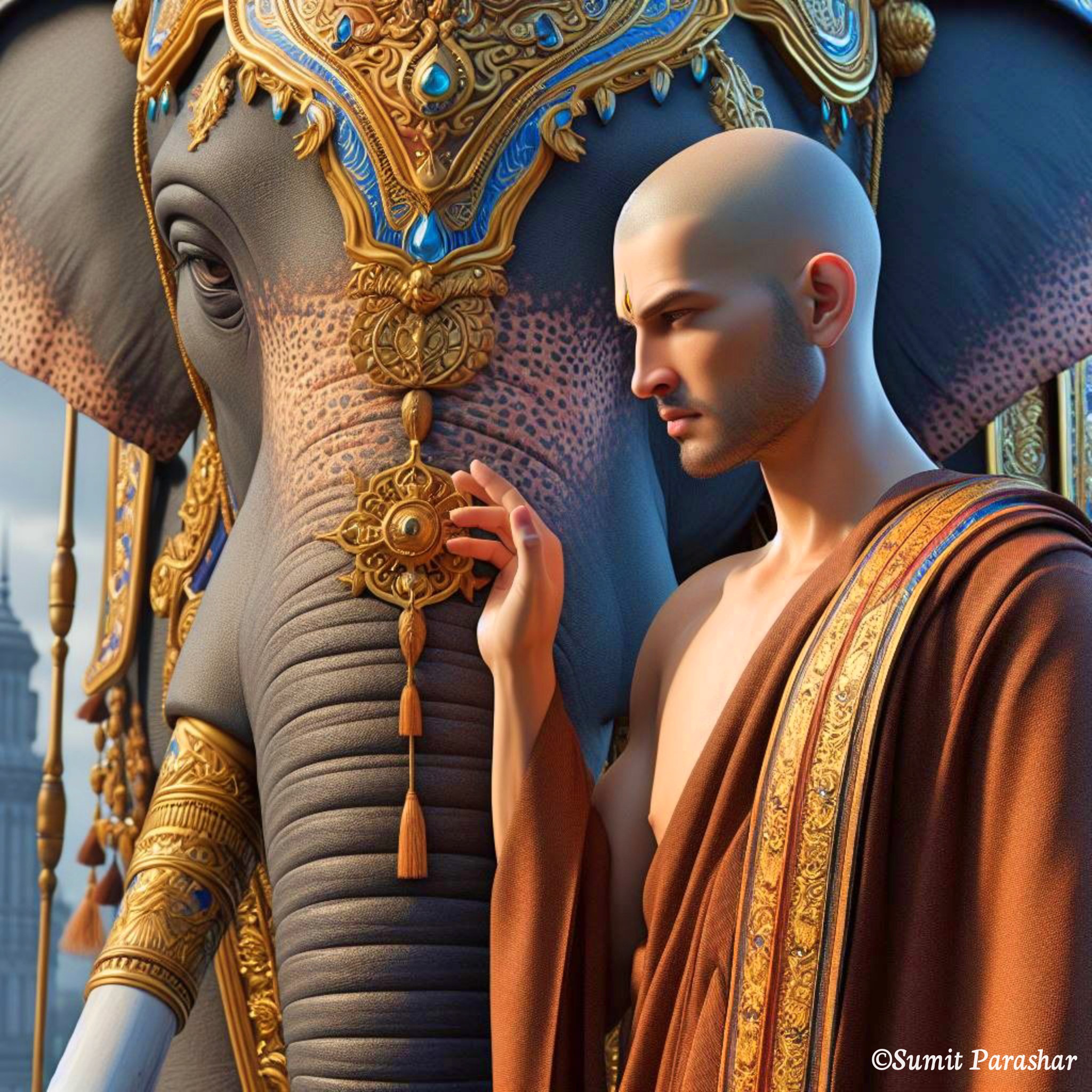 Young Monk and Elephant digital artwork by Sumit Parashar.